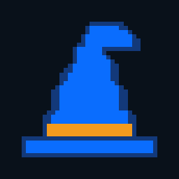 The Wizwam hat, a pixel mark in blue with a gold band and a navy outline.